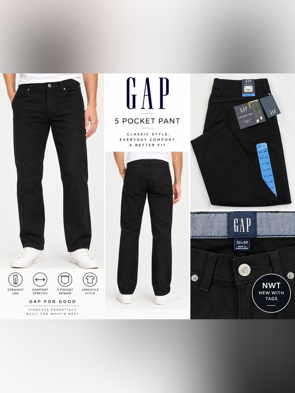 GAP Men’s 5 Pocket Pants Black 32x30 Straight Leg NWT